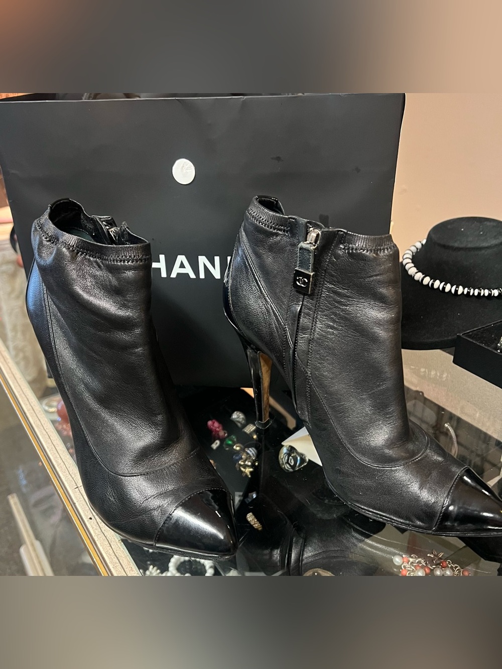 CHANEL Black Leather Pointed Toe Stiletto Ankle Booties